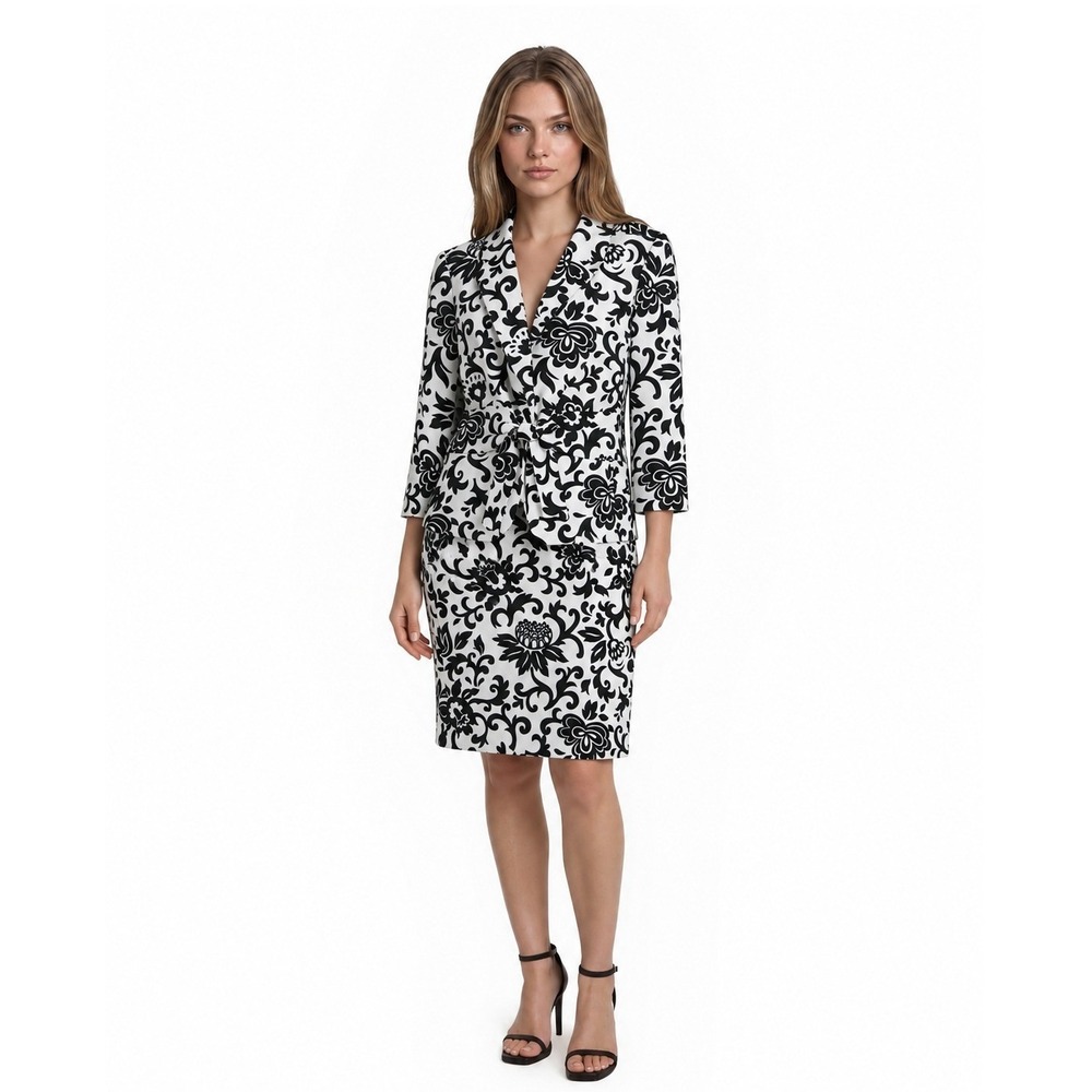 Harold's Blazer Skirt Suit Women's Size 10 Black White Damask Floral Lined